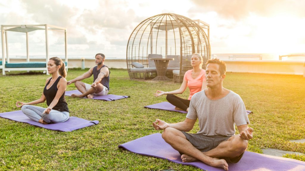 groupe de personnes pratiquant le yoga sur un tapis dans l'herbe